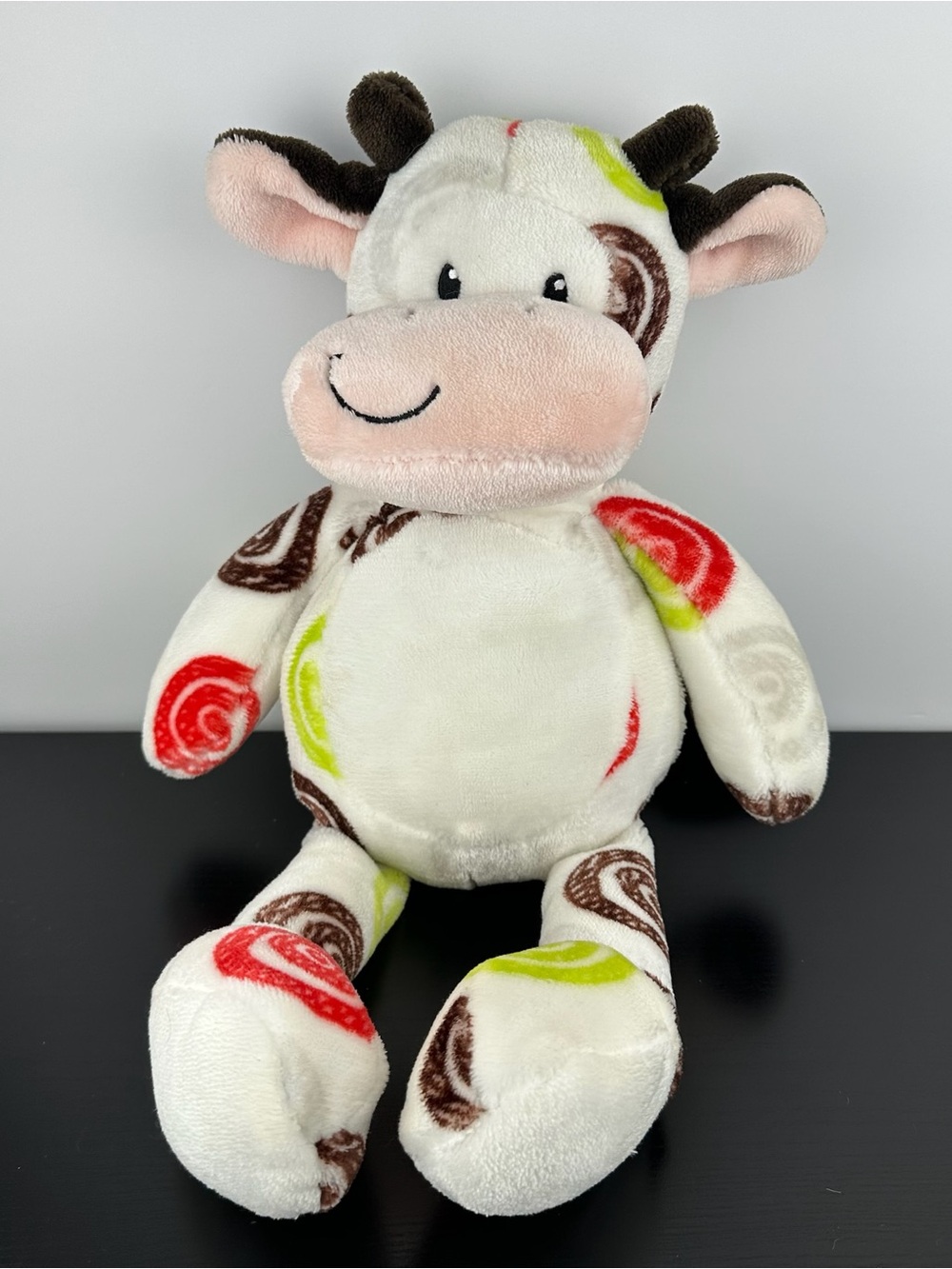 Little Miracles Rare Bullseye Nemcor Cow 16" Brown Green Red Swirls Plush Rattle